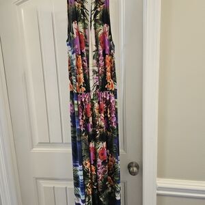 London Times Tropical Floral High-Low Maxi Dress in Purple and Blue